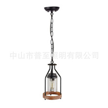 美式木头玻璃单头吊灯亚马逊复古LOFO风怀旧乡村灯具单头铁艺吊灯