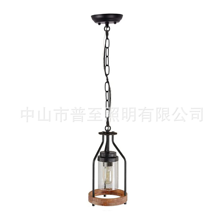 美式木头玻璃单头吊灯亚马逊复古LOFO风怀旧乡村灯具单头铁艺吊灯