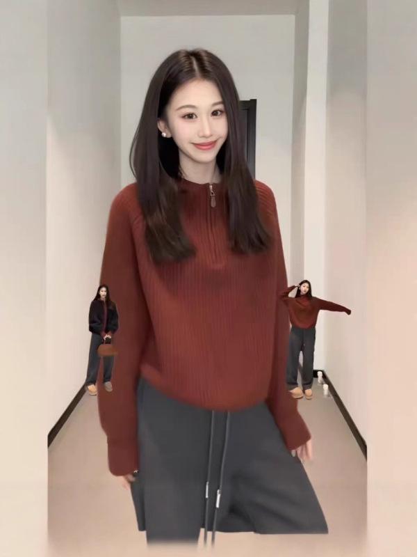 连帽拉链针织毛衣女款2025新款冬季慵懒高级感洋气减龄设计感上衣|undefined
