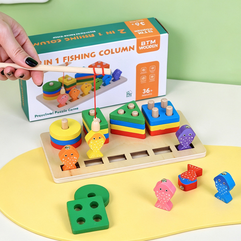 Montessori geometric shape matching and stacking toy, a 2-in-1 fishing game, early childhood education toy for infants and toddlers, wooden educational tool Montessori geometric shape matching and stacking toy, a 2-in-1 fishing game, early childhood education toy for infants and toddlers, wooden educational tool