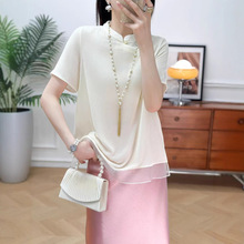 时髦新中式真丝绒上衣改良斜襟拼接桑蚕丝欧根纱复古立领短袖小衫