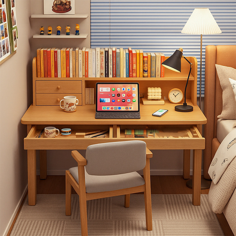 Solid Wood Desk Bookshelf Integrated Table Home Student Study Desk Junior High School Student Bedroom Computer Table with Drawers