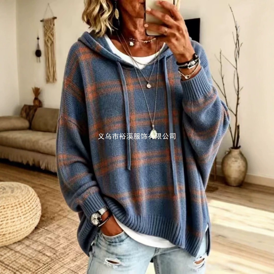 European and American cross-border sweatshirts, 3D knit sweaters, plaid hooded tops with drawstrings, knitted pullovers, knitted outerwear, loose-fitting tops