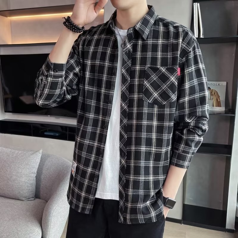Autumn Plaid Shirt Men's Long-Sleeved Trendy Top Loose Casual Youth Couple Shirt Autumn Thin Jacket