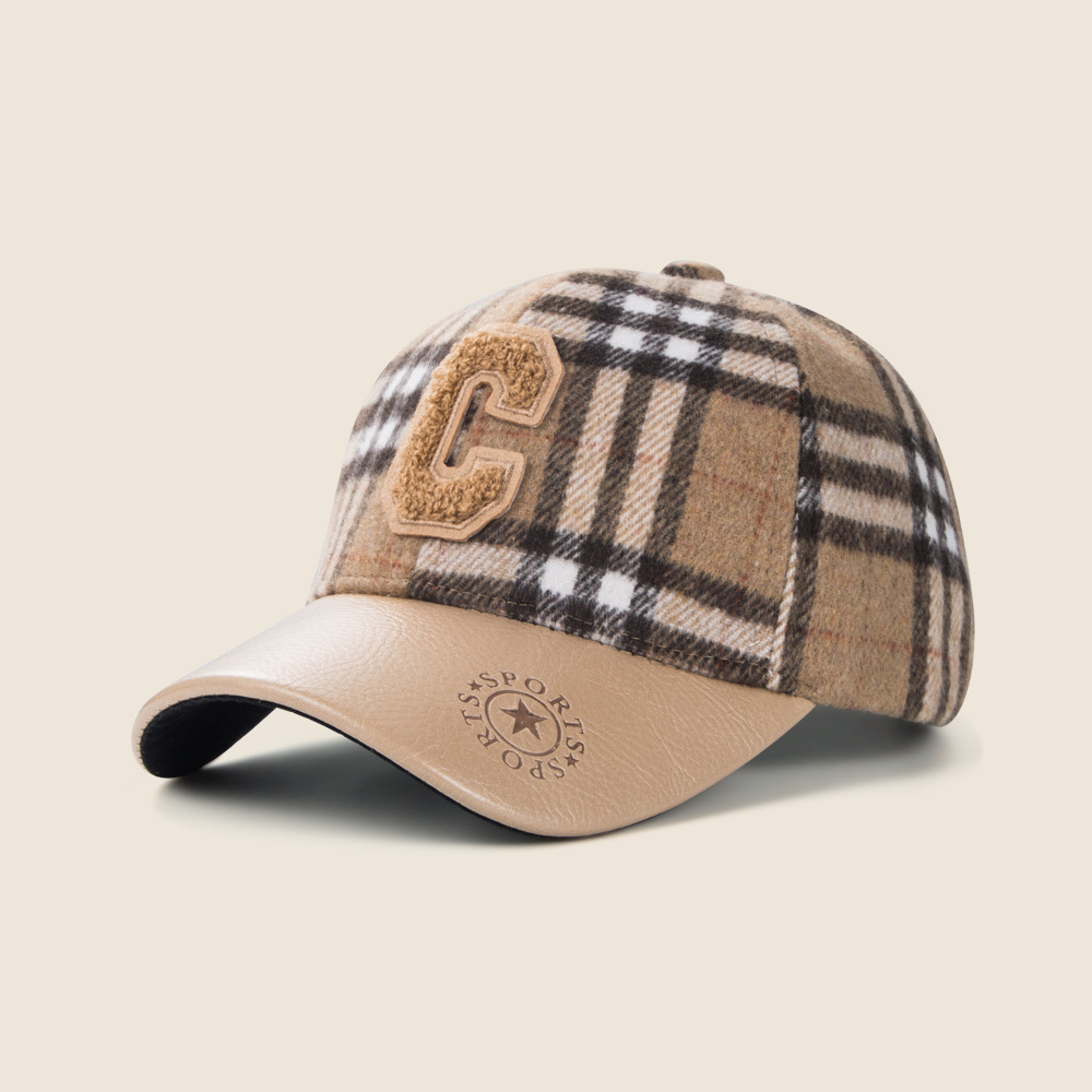 Children's C Letter Plaid Baseball Cap Autumn Winter Warm Leather Brim Stitching Hat Boy Student Fashion Peaked Cap display picture 5