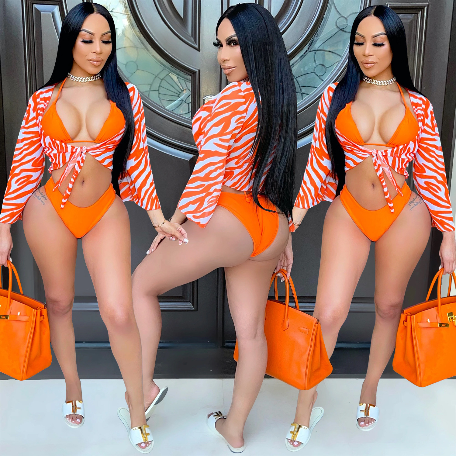 X5067 Oferta especial, no se aceptan devoluciones ni cambios, compre con precaución, conjunto de camisola de tres piezas con estampado de leopardo y malla sexy.
