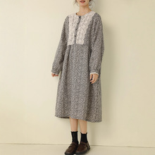 甜美森女法式文艺门襟蕾丝长袖碎花连衣裙女宽松大码百搭中长裙秋