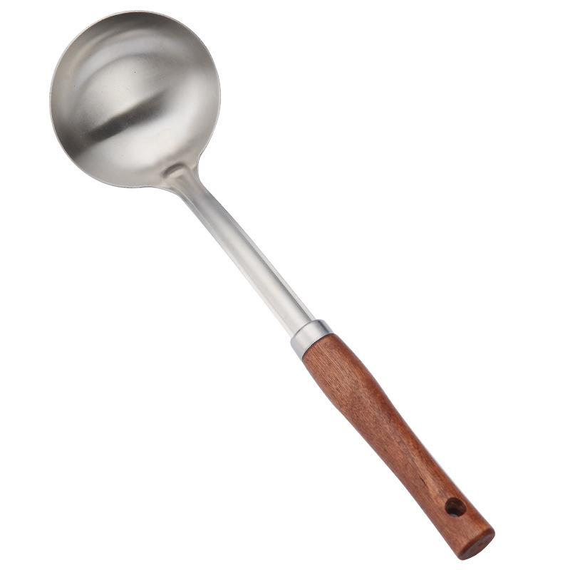 Espátula de acero inoxidable gruesa con mango de madera, cocina, cocina, cocina, pala, cuchara, colador, cuchara de cocina de acero inoxidable para el hogar
