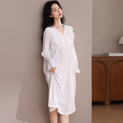 净版甜美公主风白色长袖睡裙女性感夏季黑色长款连衣裙少女家居服