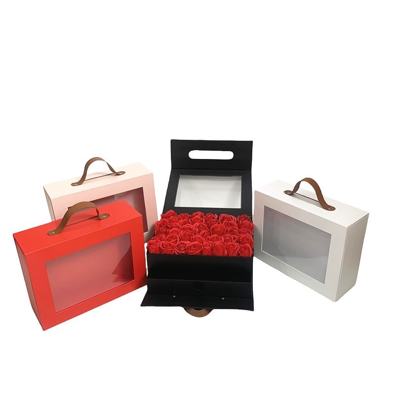 单个双层抽屉式巧克力鲜花情人节生日惊喜包装盒pu手提开窗礼物盒