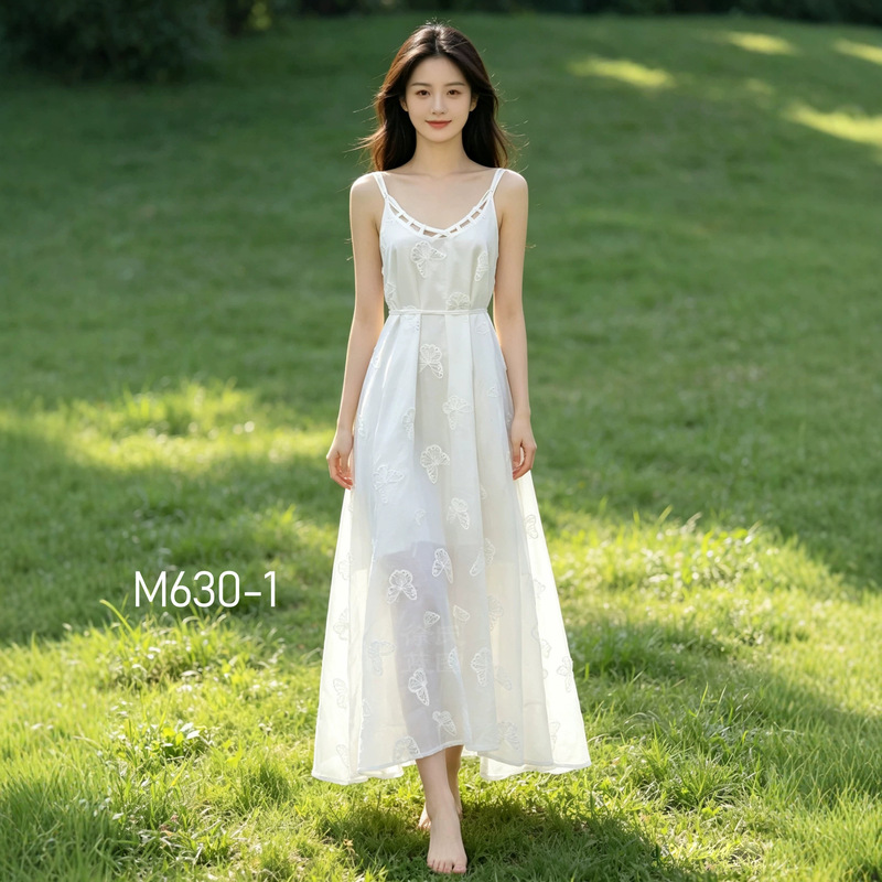 Tie-Dye White Dress for Tall Individuals, Casual Vacation Wear, Butterfly Embroidery, Cinched Waist, Wide Strap Long Dress Tie-Dye White Dress for Tall Individuals, Casual Vacation Wear, Butterfly Embroidery, Cinched Waist, Wide Strap Long Dress