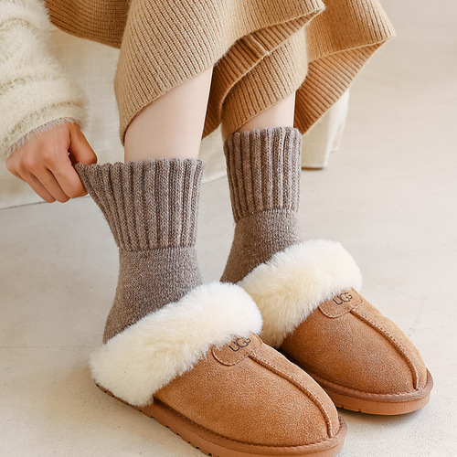 Wool Knit Women's Mid-Calf Socks Winter Thick Marled Ribbed Fleece Lined Snow Socks Warm Cashmere Short Socks