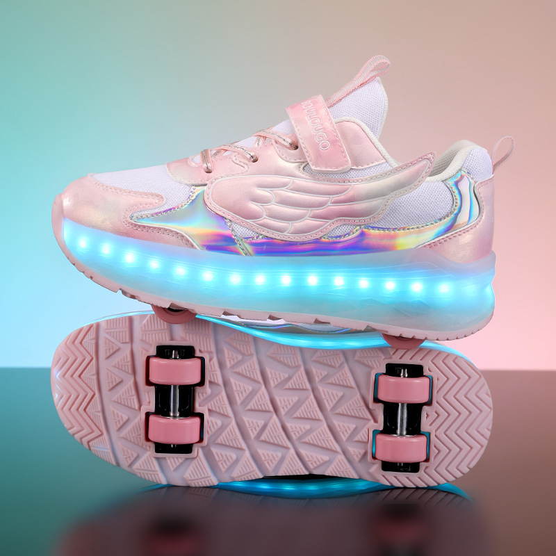 Children's Heelys Shoes Wholesale Four-Wheel Deformation with Brakes Girls' Wing Roller Shoes Boys' Eight-Wheel Luminous Skates