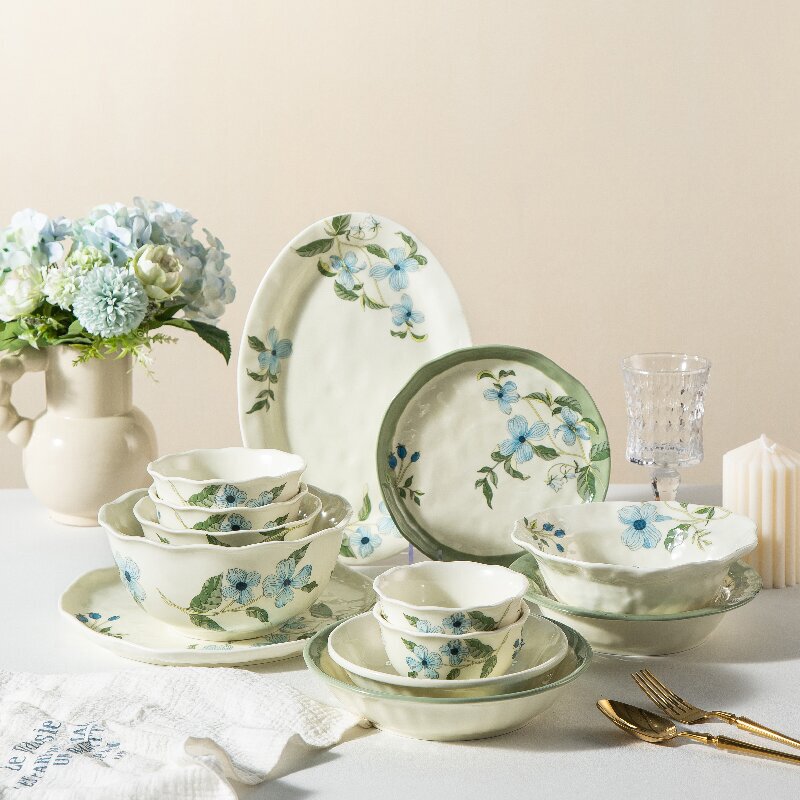 New Smurfs Blue Floral Ceramic Bowl and Plate Set with Underglaze Color, Pastoral Style Tableware, Housewarming Bowl and Plate Set