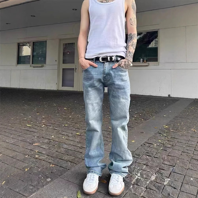 Independent 501 Style vintage Washed Snow Pattern Ice Blue Straight Jeans cleanfit Vibe Style Men