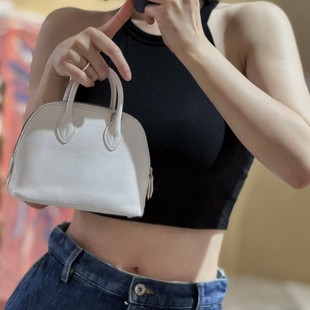 Top-layer Lamb-grain Cowhide Half-wax Line Advanced Bowling Mini Shell Bag Genuine Leather Handbag Crossbody Women's All-match Bag