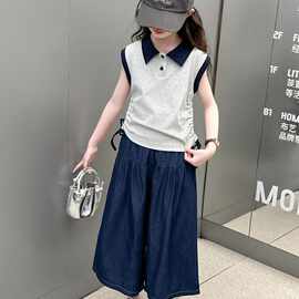 女童夏季套装批发新款时尚女孩日系露腰短袖八分阔腿裤两件套跨境
