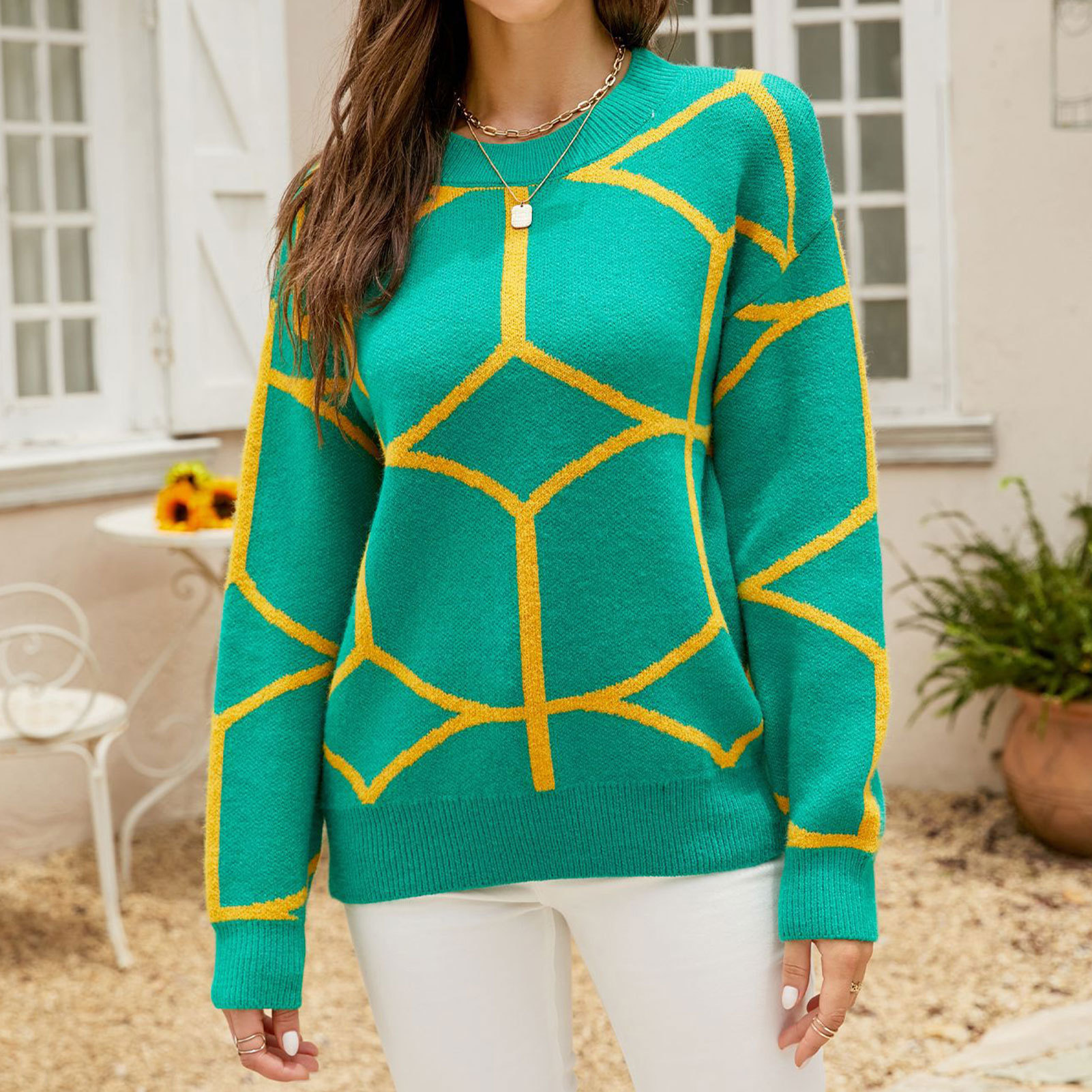 European and American cross-border foreign trade women's sweater autumn and winter round neck long-sleeved sweater geometric line jacquard knitted top for women