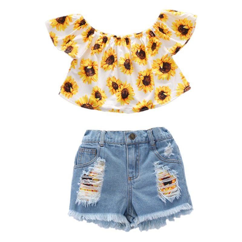 Conjunto de verano para niña, top estampado y shorts vaqueros
