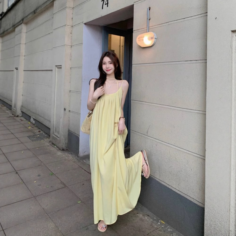 Seaside Resort Style Yellow Suspender Dress for Women Summer Loose Casual Beach Dress Fairy