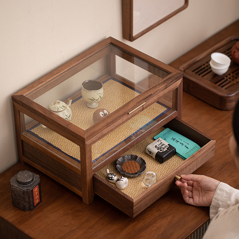 胡桃木茶具收纳柜家用高档防尘柜玻璃柜储物柜展示柜置物架收纳盒|undefined