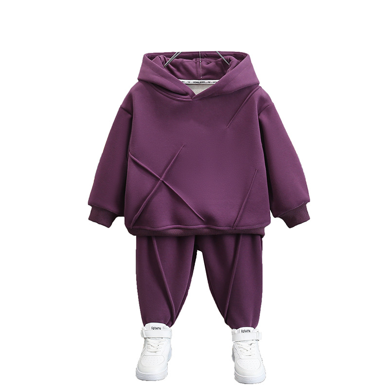 Boys' Personalized Twisted Velvet Thick Hoodie Two Piece Set Middle and Small Children's Winter Clothes_voghion.com