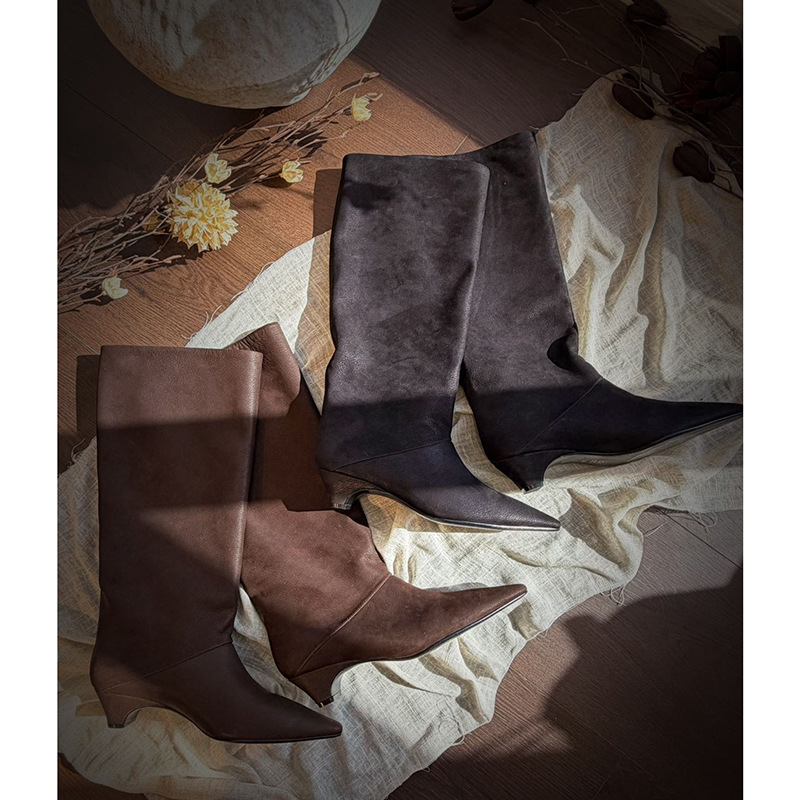 Vintage Pointed-Toe Long Boots for Women, New Autumn and Winter Suede-Like Slouchy Boots, Low-Heeled, Slimming, Knee-High Western Style Vintage Pointed-Toe Long Boots for Women, New Autumn and Winter Suede-Like Slouchy Boots, Low-Heeled, Slimming, Knee-High Western Style