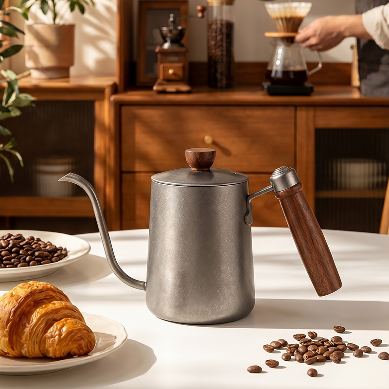 304 Stainless Steel Pour-Over Kettle with Narrow Spout, Long Handle, Drip Coffee Pot for Home and Commercial Use, Flow Control, Portable, Vintage Style