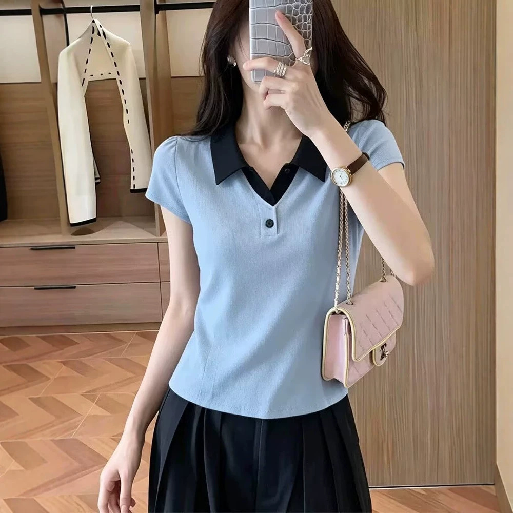 Áo polo nữ tay ngắn cổ lật phối màu phong cách Hàn Quốc — xanh lam chi tiết 1