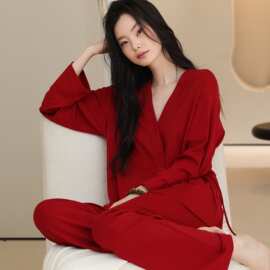 春秋新款爽棉拉架女长袖长裤开衫睡衣大红结婚喜庆女家居服