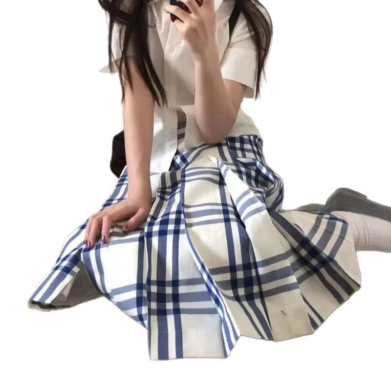 大蓝格一片式百褶可调节半身裙女2025夏季新款百搭时尚高品质中裙|undefined