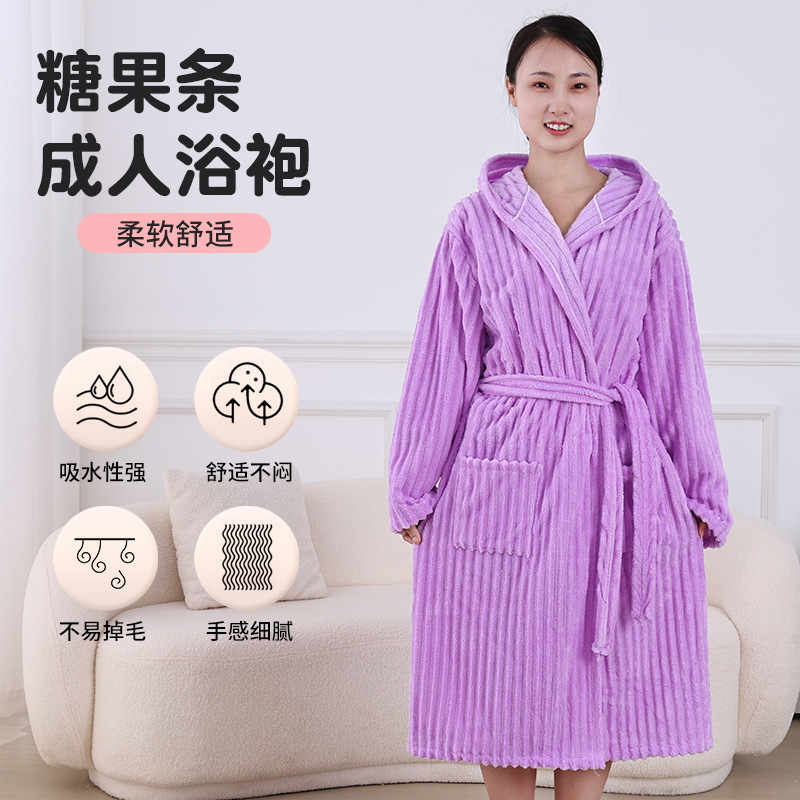 New Candy-Striped Coral Fleece Bathrobe for Women, Thick and Fluffy, Soft Sleepwear, Home Wear New Candy-Striped Coral Fleece Bathrobe for Women, Thick and Fluffy, Soft Sleepwear, Home Wear