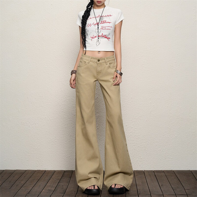 Khaki Low-Waist Flared American-Style Jeans for Women, Autumn and Winter Vintage Hot Girl Style, Hip-Covering, Slimming, Floor-Length Bell-Bottom Pants