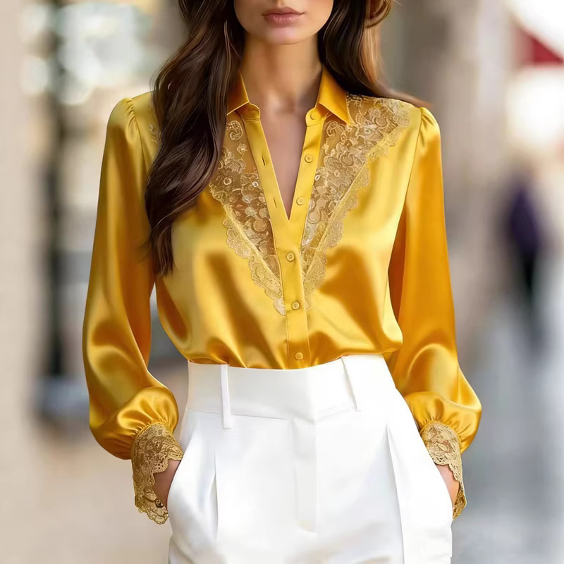 2026 New Style French Satin V-Neck Lace Splicing Long-Sleeved Shirt for Women, Elegant Work Clothing Top