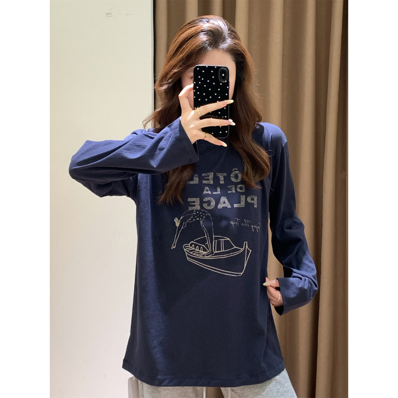 3549# IN BLUE 红人店同款！薄款复古做旧字母印花长袖打底T恤|undefined