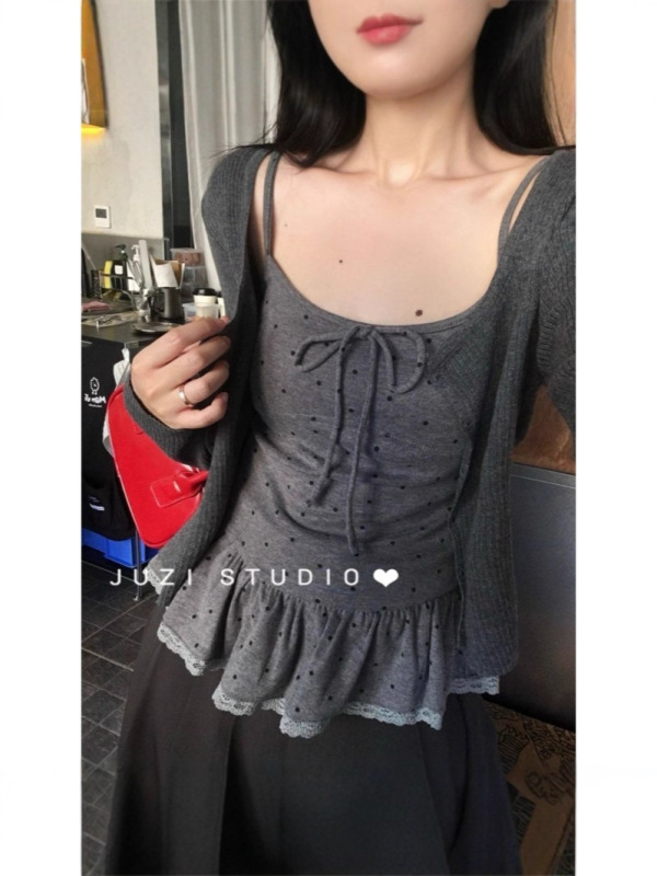 法式休闲风时尚套装休闲针织韩系复古短款显瘦清冷系衣服配飘带|undefined