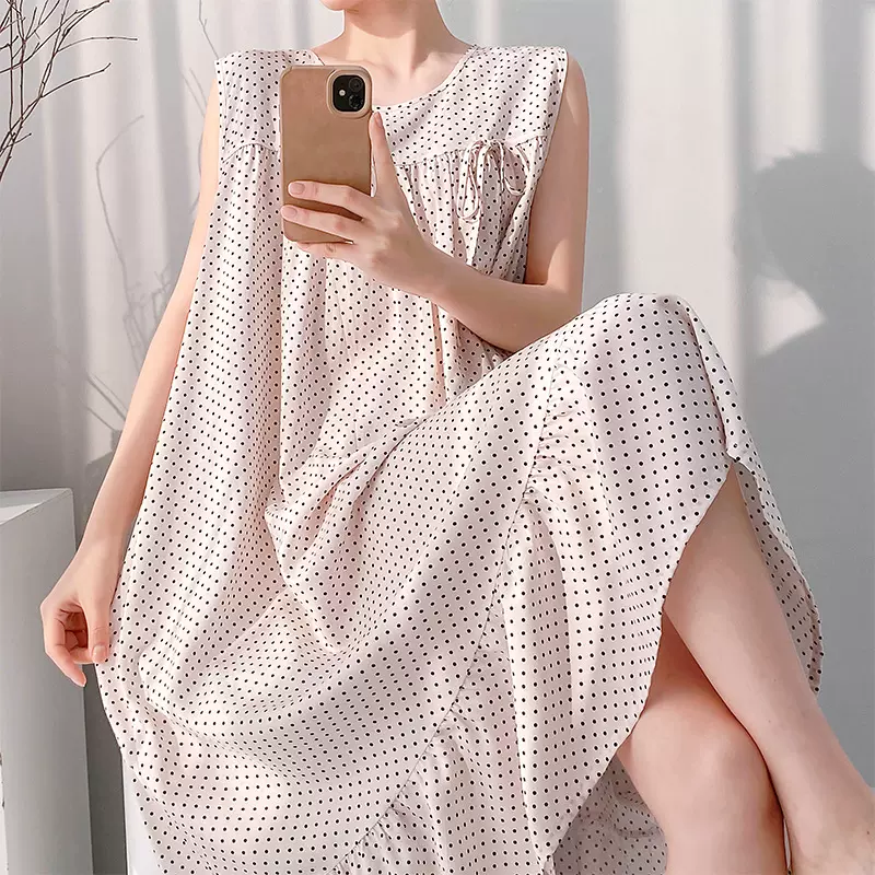 韩系波点背心睡衣女士人造绵绸新款夏季家居服装可外穿宽松连衣裙