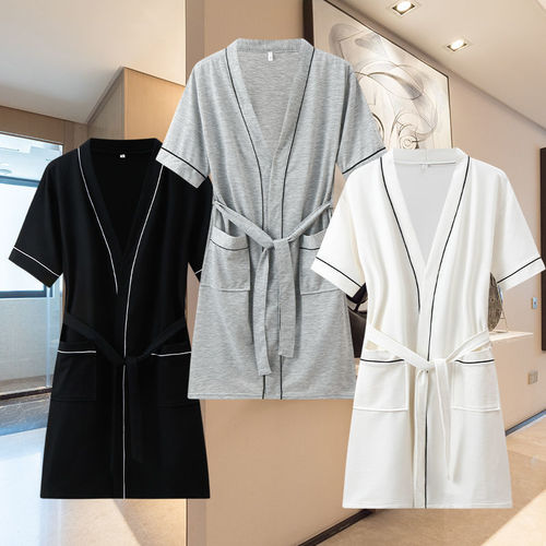 Ladies' Mid-length Sleeveless Thin Solid Color Pure Cotton Absorbent Bath Robe for Spring and Summer Couples - Hotel Style Sleep Robe