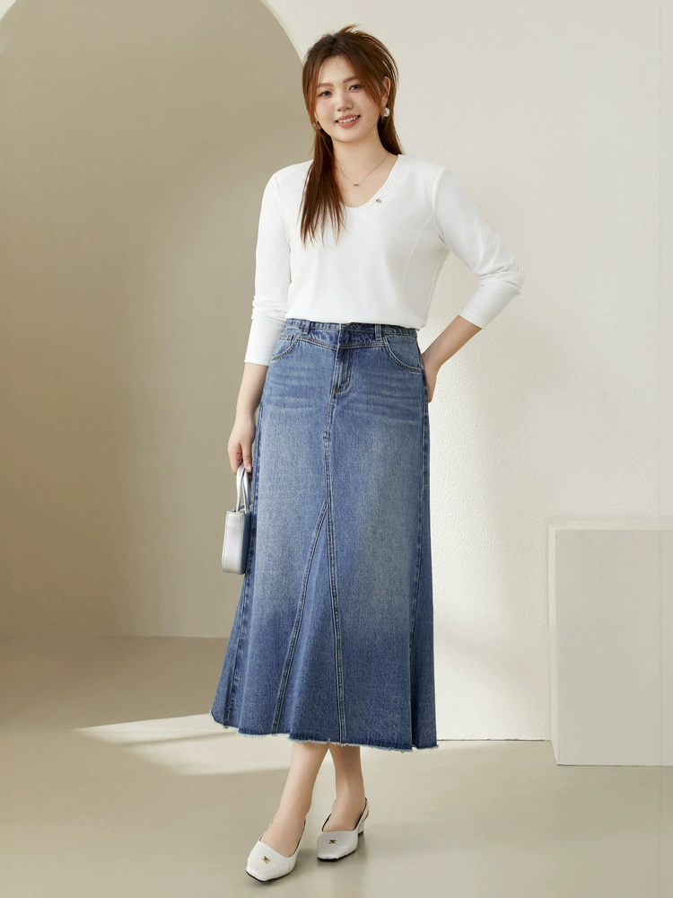 纤莉秀 Retro autumn denim skirt, plus size, fitted