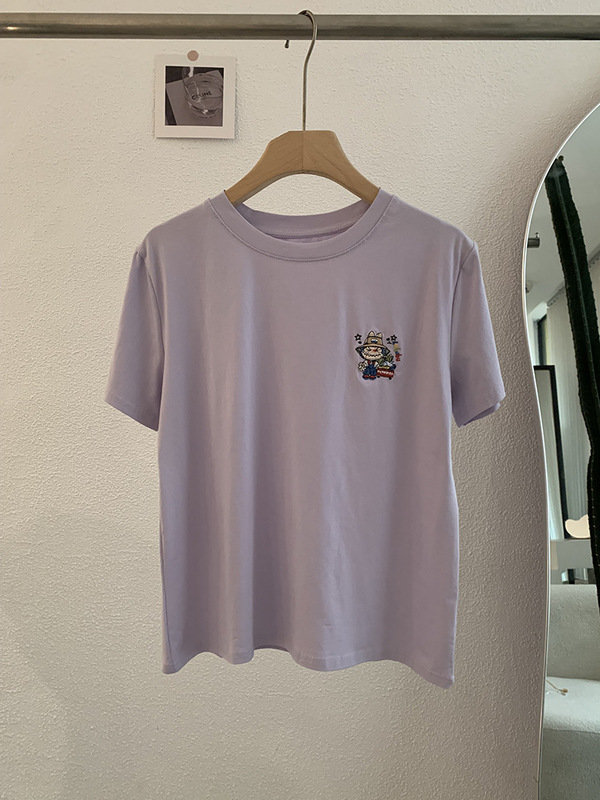 Omalai アニメ漫画刺繍柄ラウンドネック半袖ストレートショルダー Tシャツトップ夏韓国語版女性 4015|undefined