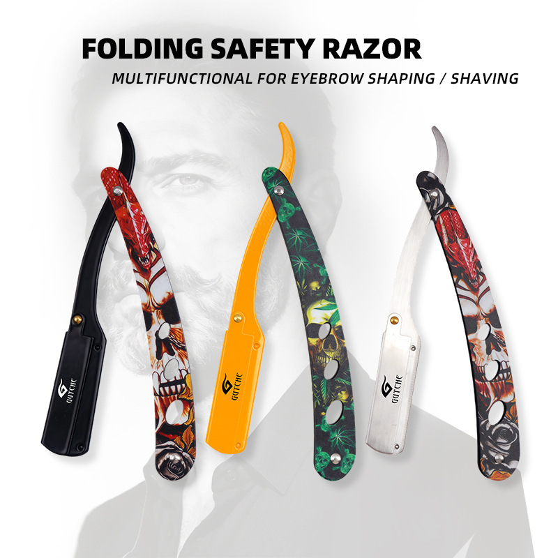 Stainless Steel Razor Skull Manual Shaving Eyebrow Trimming Face Shaving Razor Stand Folding Vintage Razor Hair Removal