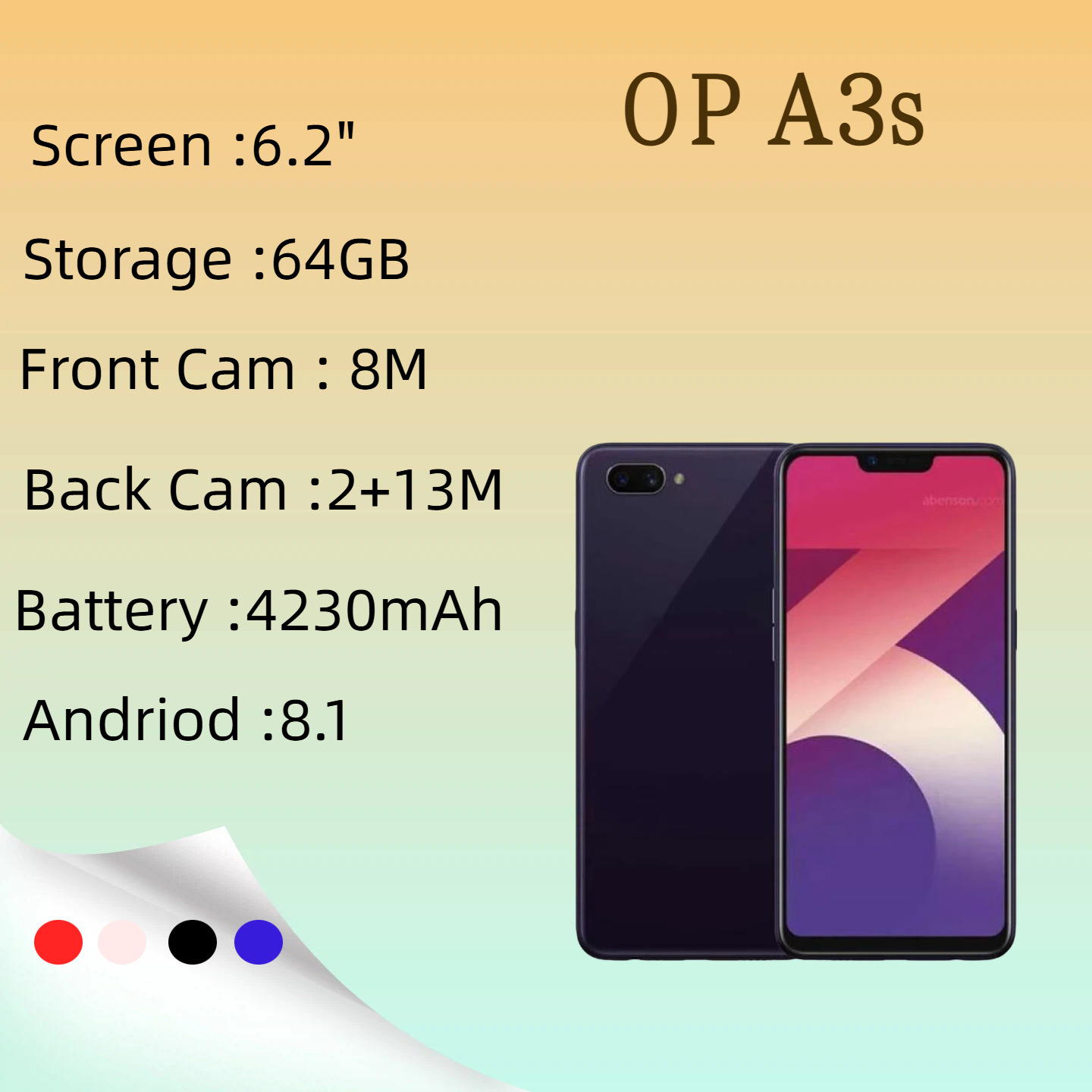 Mobile A3S 4 + 64GB Dual SIM Large Screen 3g & 4g Smartphone ราคา 5,199 บาท*ส่งฟรี