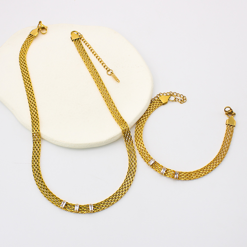 Retro Solid Color Stainless Steel Plating Inlay Zircon Bracelets Necklace 1 Piece