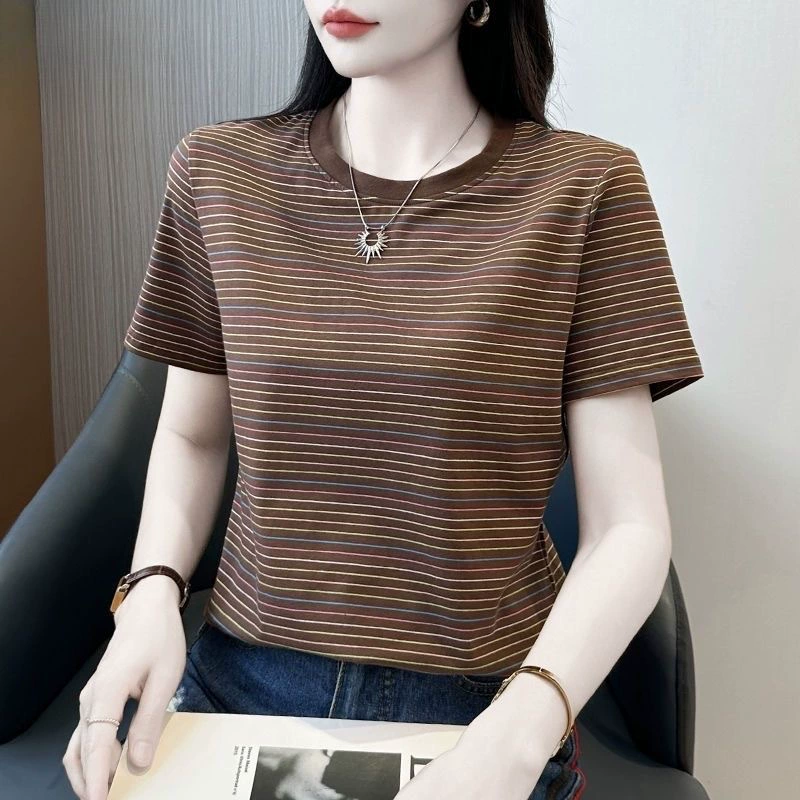 Летняя футболка больших размеров с обычными плечами в полоску и короткими рукавами, женская тонкая универсальная высококачественная стильная повседневная базовая рубашка, топ