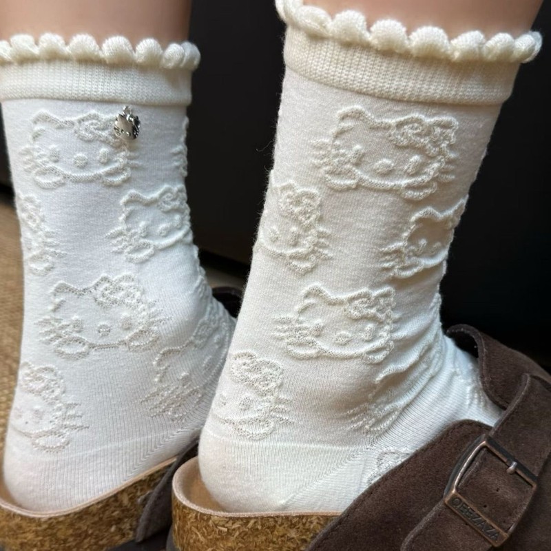 【200针高品质】秋冬款袜子女卡通猫吊坠暗花女袜日系可爱堆堆袜|undefined