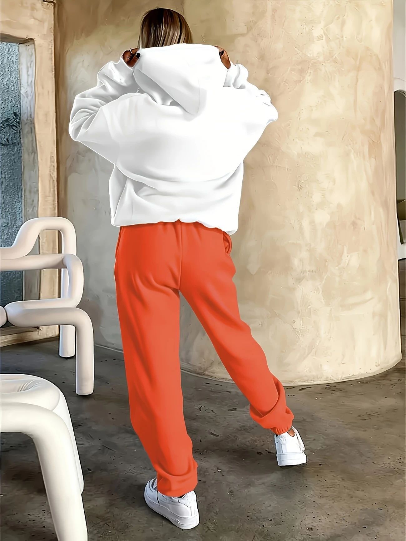 Ensemble sweat à capuche et jogging unisexe à imprimé géométrique pour femme - Pull décontracté tendance avec pantalon assorti (blanc/marron, blanc/vert)_voghion.com