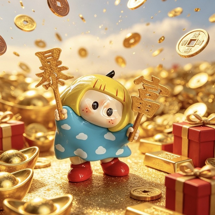 Yoyo-chan holding a lucky charm accessory, cute right hand holding a miniature prop, golden "Get Rich" character, wishing for wealth and prosperity.