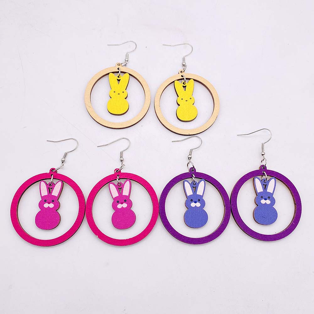 1 Pair Fashion Rabbit Round Wood Hollow Out Easter Women's Drop Earrings display picture 1