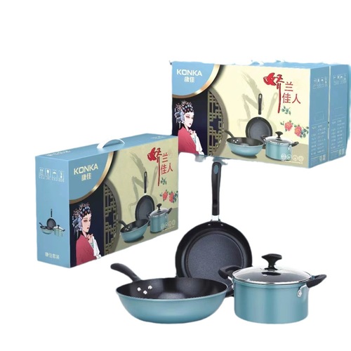 Kangjia Non-stick Cookware Set for Home Use, Gift Set of 3 Pots (Saucepan, Soup Pot, Pan) National Trend Multi-piece Cookware Set