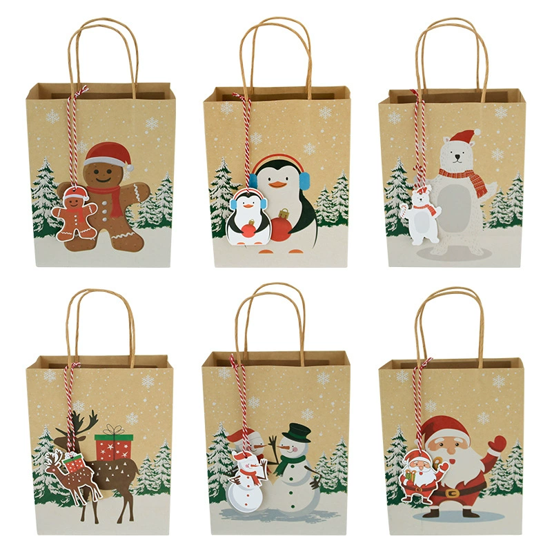Новая рождественская сумка-тоут с квадратным дном из крафт-бумаги с мультяшными рождественскими животными, подарочная бумажная сумка на Рождество